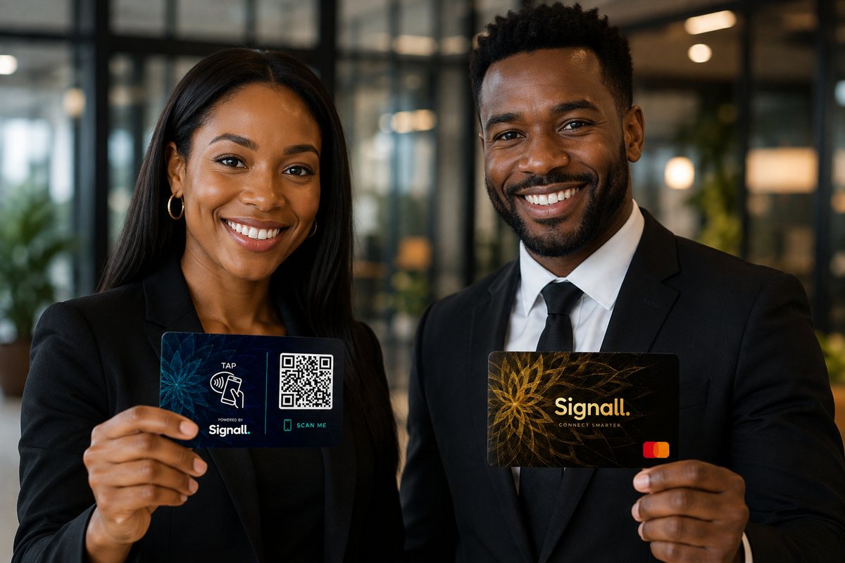 Two professionals connecting with Signall cards at an event